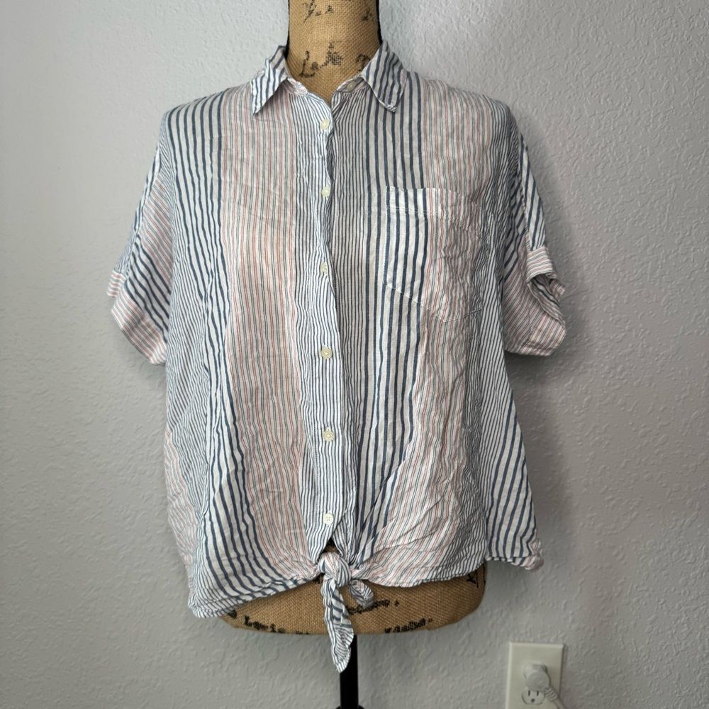 Madewell Short Sleeve Tie Front Shirt Blue Rawley Stripe Size M Boxy Boho Preppy